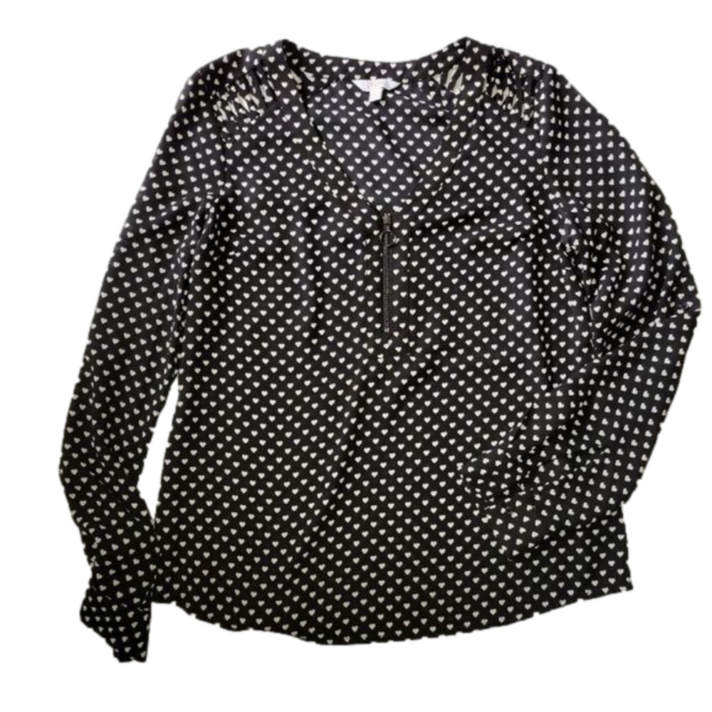 Candie's Black Beige Heart Zip V-neck Top Medium Mint Condition - Picture 2 of 8